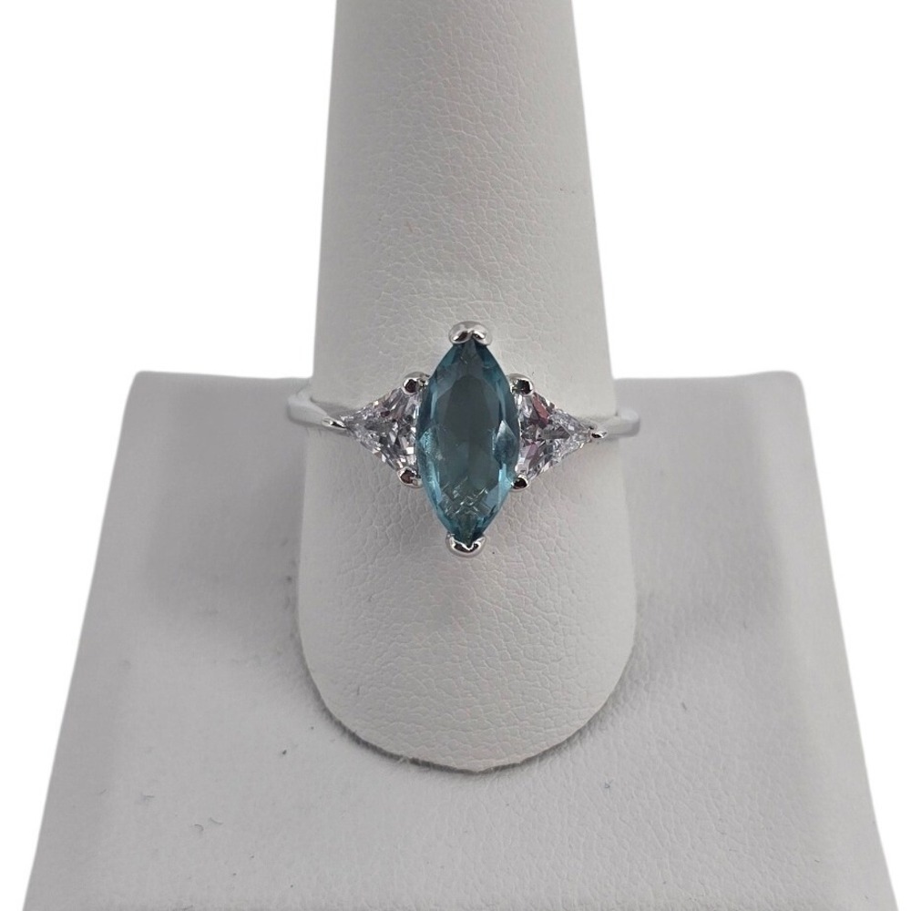 Ring Womens 10 Marquise Blue CZ Rhodium Electroplate Three-Stone NEW